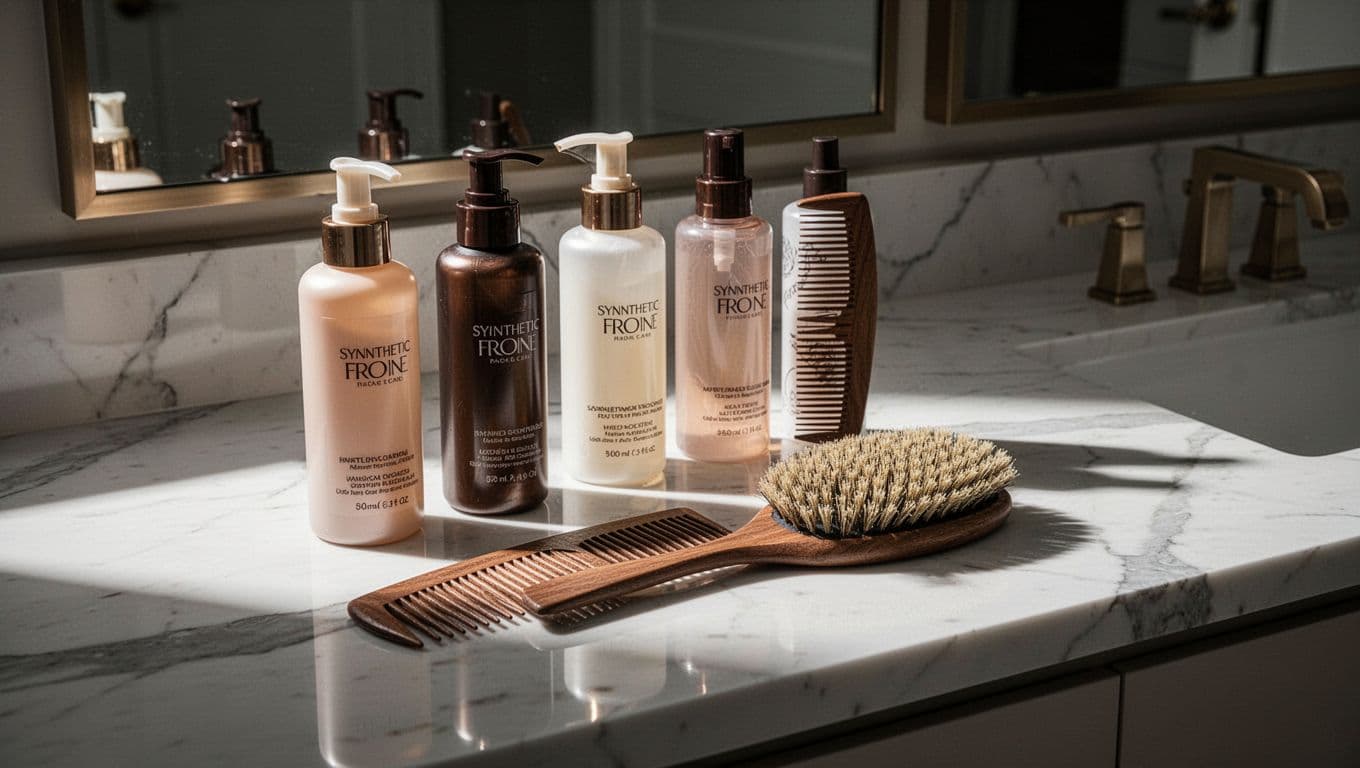 Wig care products, a wide-tooth comb, and a styling brush on a marble vanity.