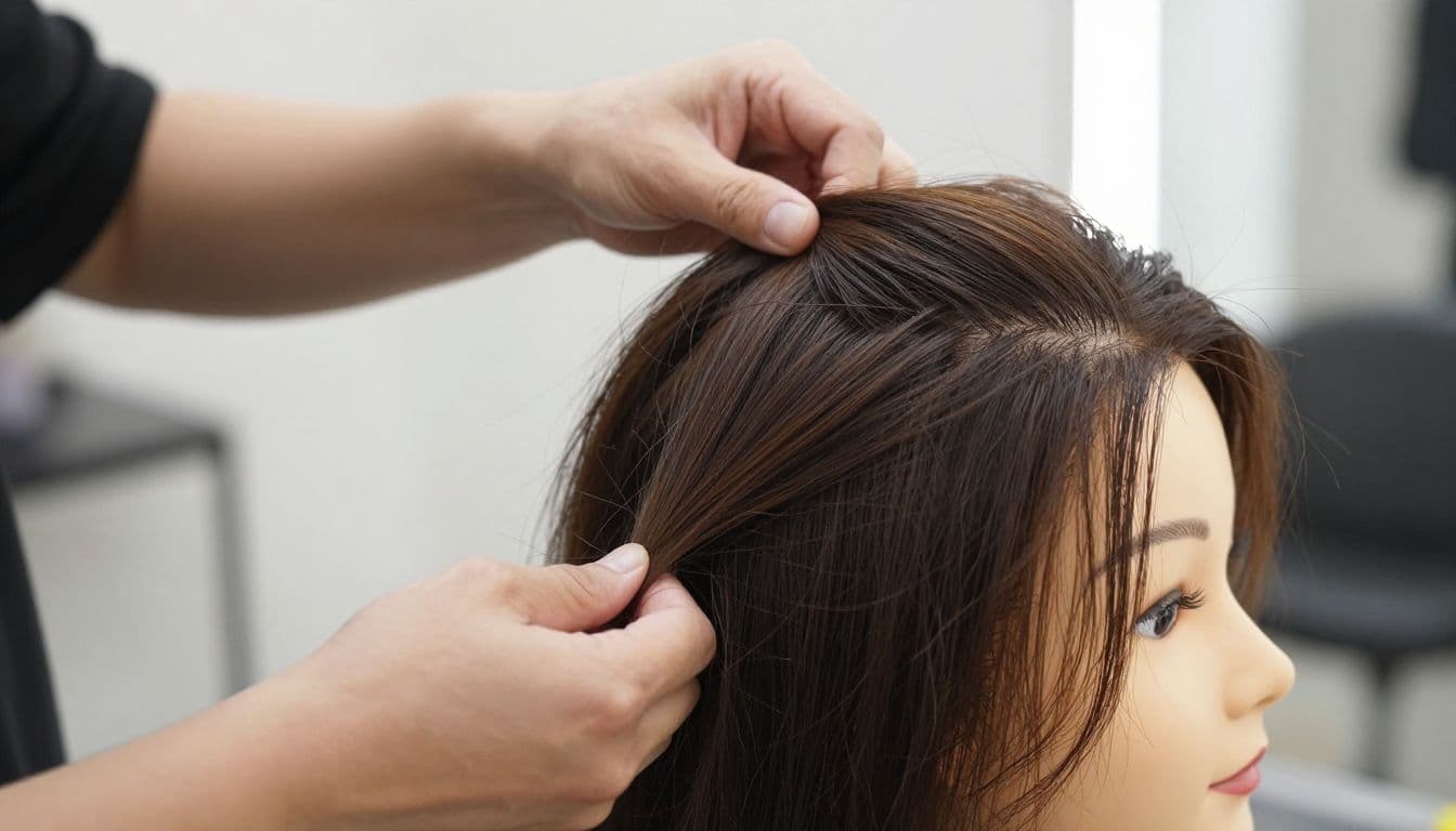 Stylist gently detangling a synthetic wig on a mannequin head.