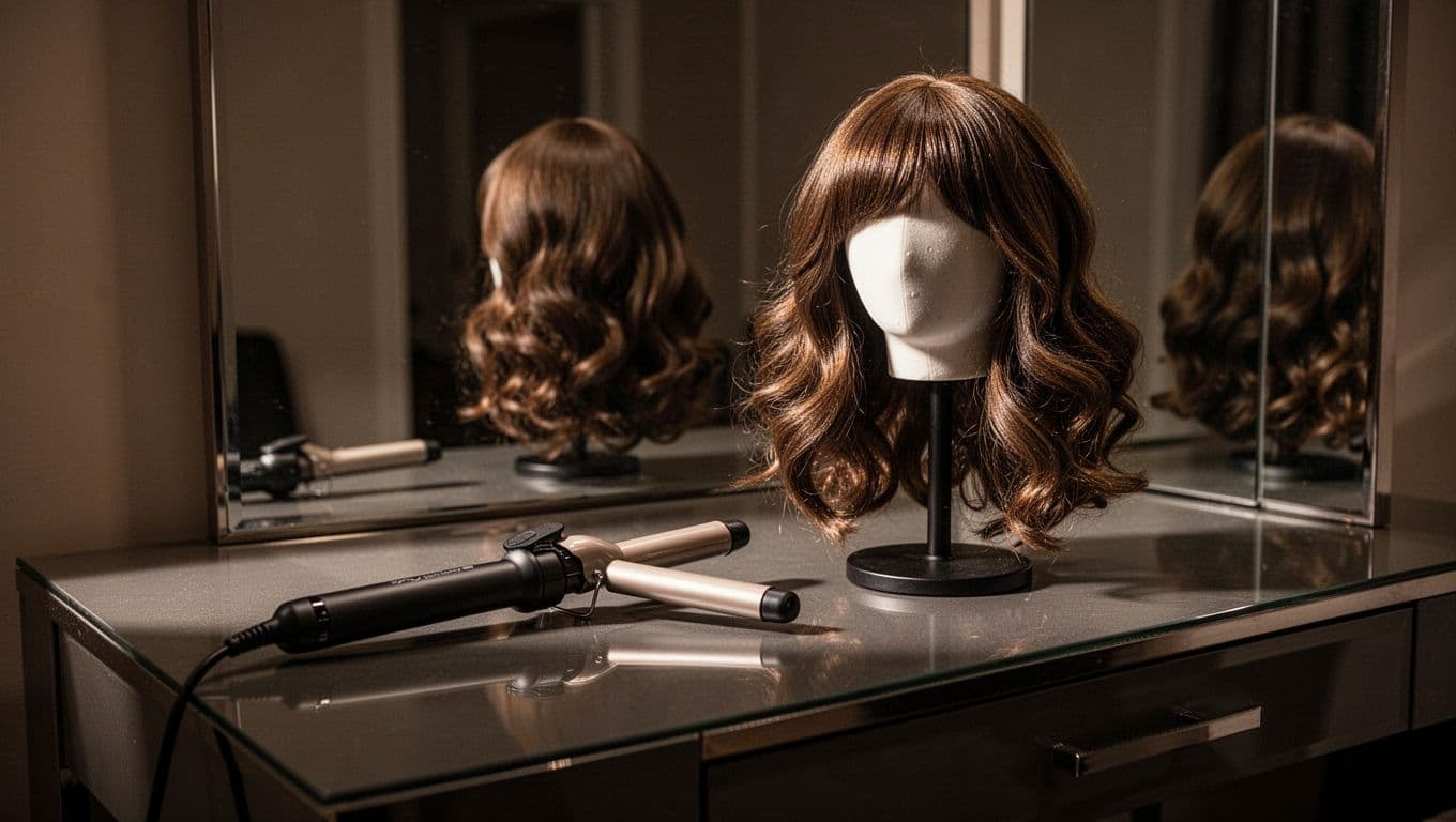 A curling wand rests beside a synthetic wig on a stand atop a dressing table.
