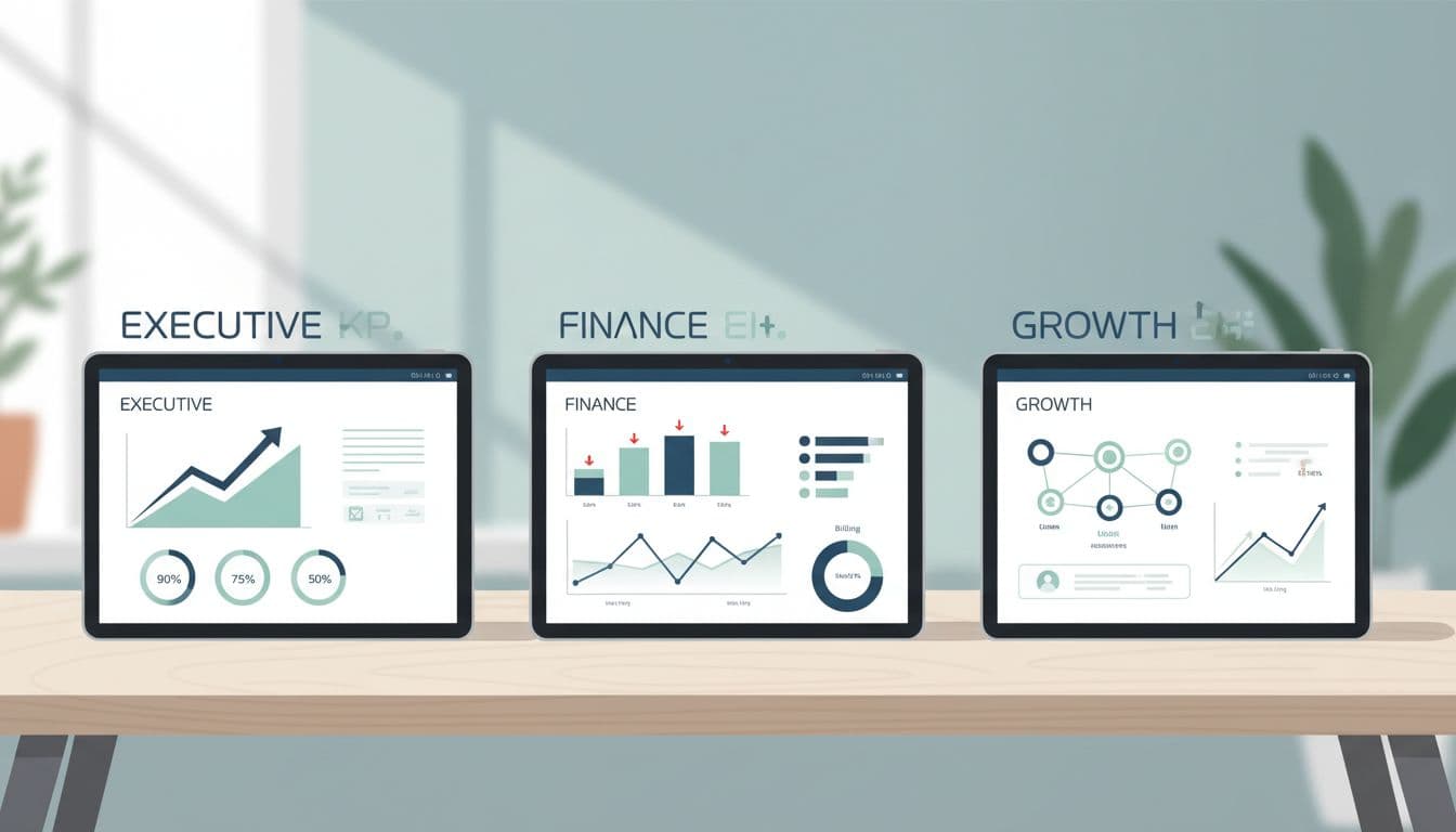 Modern illustration of three side-by-side dashboard layouts on tablets in a workspace, implicitly representing executive, finance, and growth roles with high-level KPIs, billing trends, and user acquisition charts using clean shapes, blues and greens, strong composition, and soft lighting.