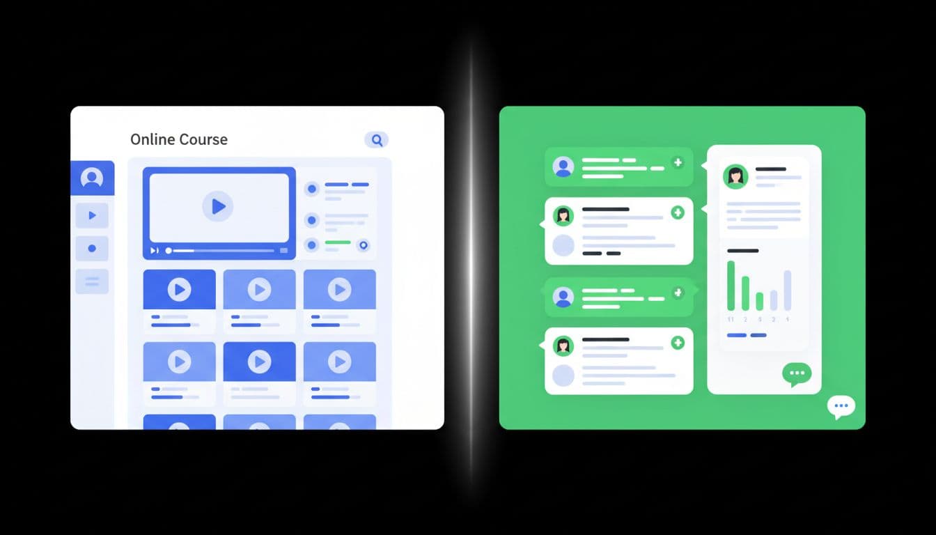 Modern split-screen illustration contrasting Teachable's structured course dashboard with video lessons and quizzes on the left against Skool's vibrant community feed featuring posts, comments, leaderboards, and chat on the right. Clean shapes in a controlled blue and green palette with strong centered composition, no extra elements.