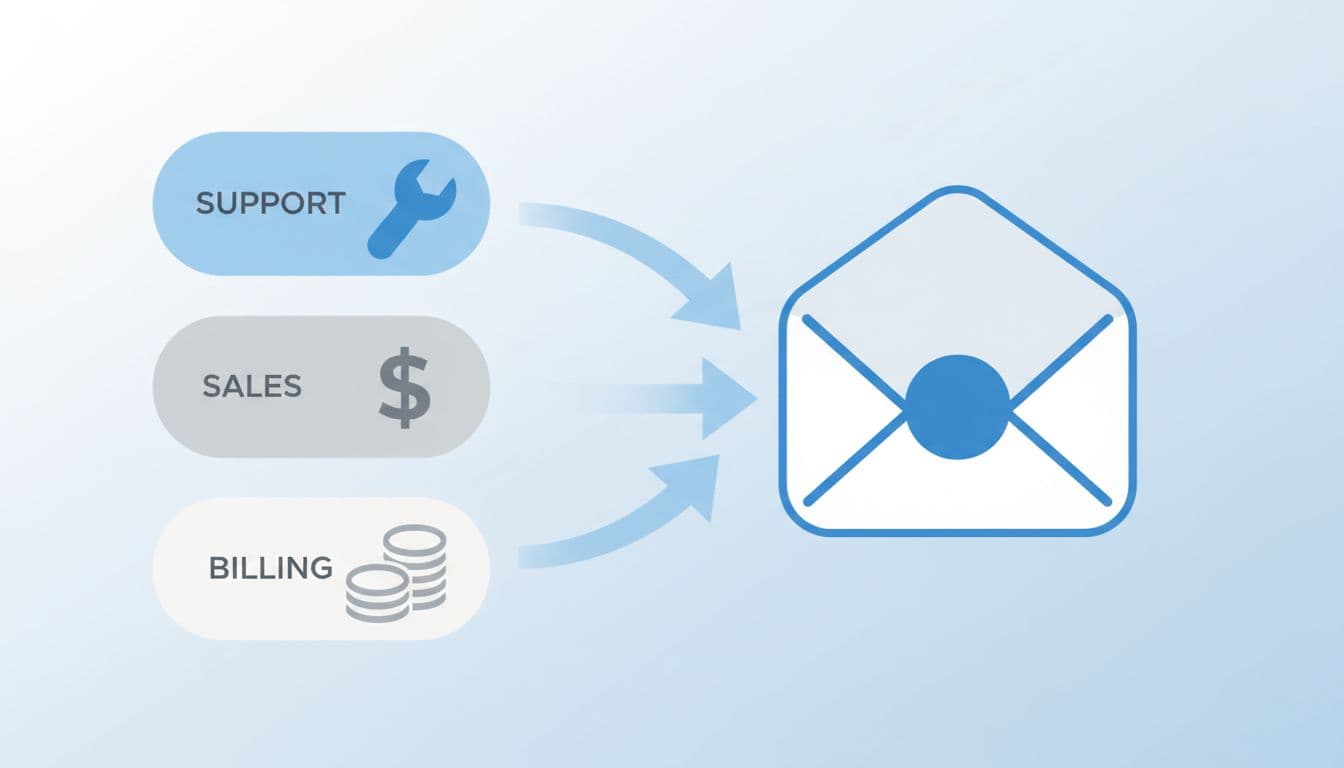 Modern illustration using clean shapes in a soft blue, gray, and white palette with strong composition, depicting conceptual email icons for team aliases like support, sales, and billing funneling into one central inbox envelope. Simple flat design with arrows indicating routing, no people, no readable text, no logos, and no watermarks.