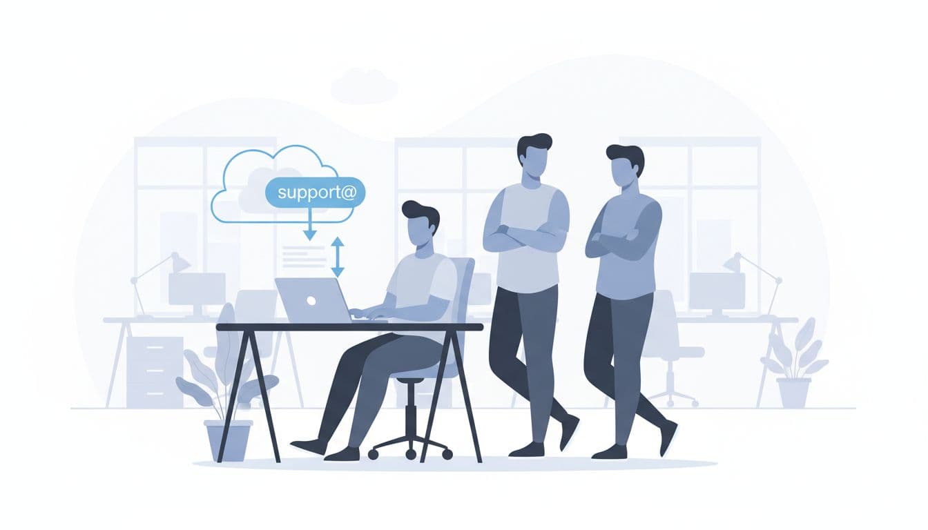 Modern illustration in clean shapes with soft blue-gray-white palette showing a small team of three people in an open office collaborating on emails. One person at a desk with laptop receives routed alias emails like support@ into a shared workflow, with two others standing nearby discussing in relaxed postures.