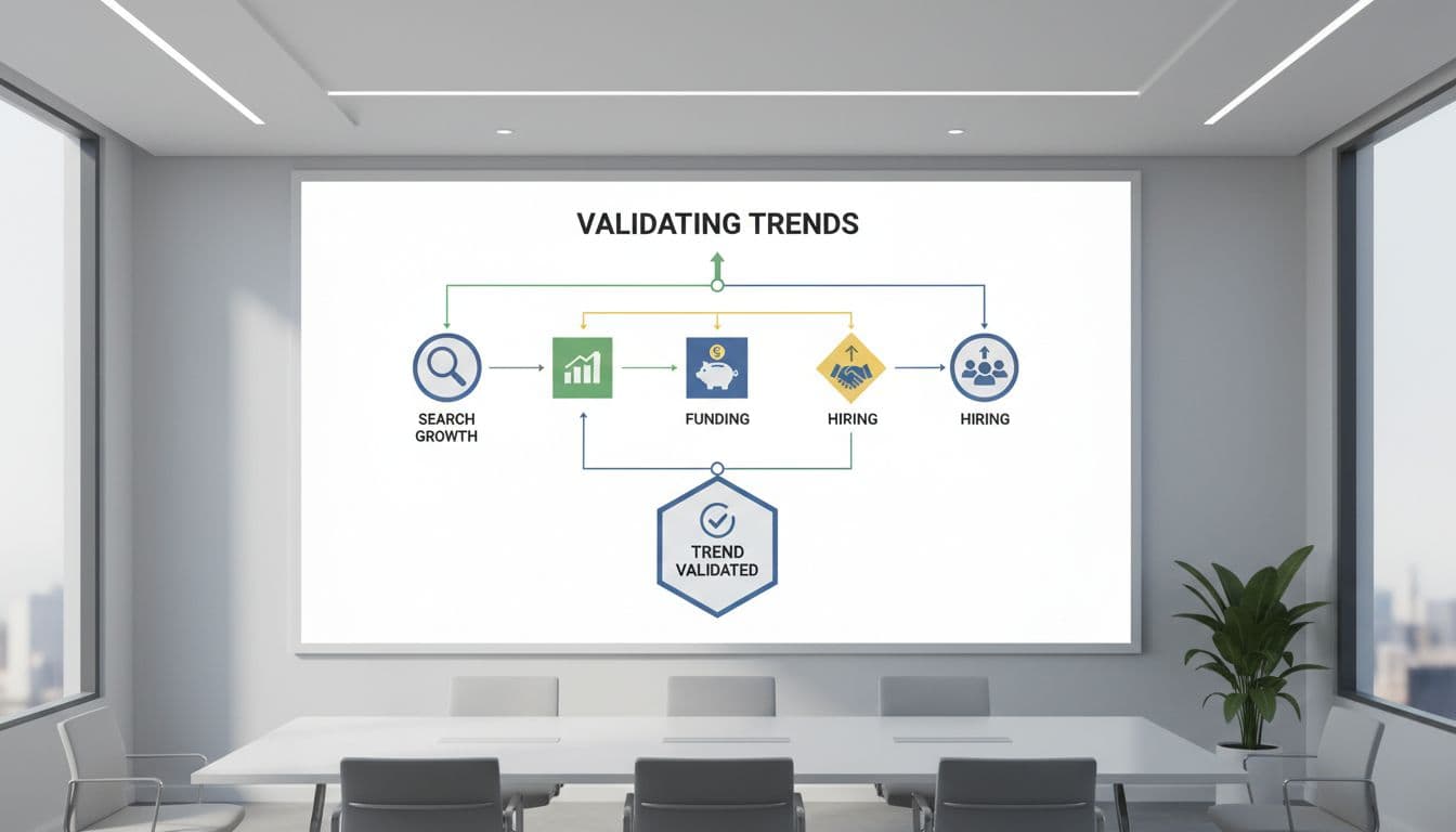 Modern illustration of a flowchart diagram on a whiteboard showing steps to validate tech startup trends like search growth, funding, and hiring, using simple icons in an empty conference room with soft lighting.