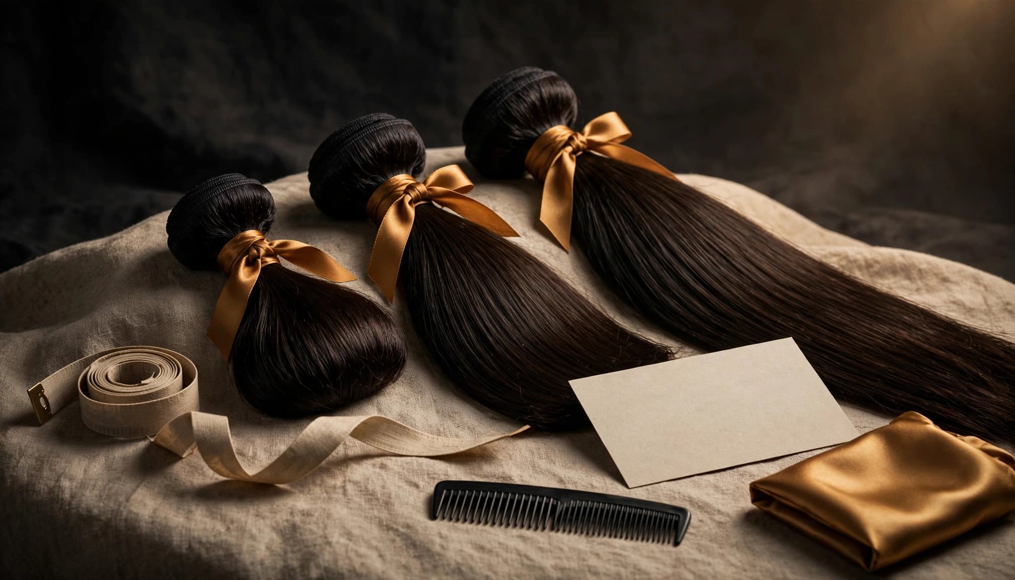 Three hair bundles are arranged from shortest to longest beside a measuring tape and length card.