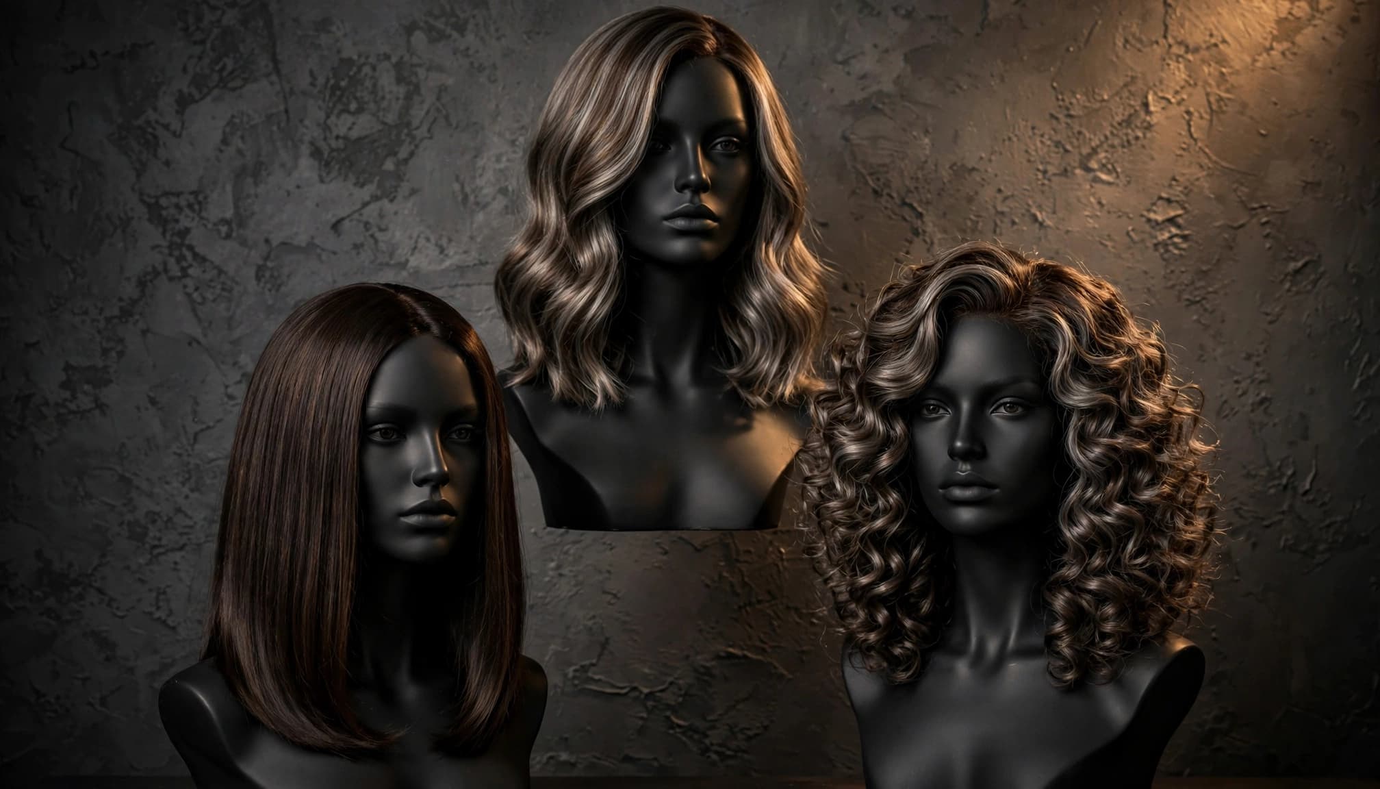 Three mannequin heads display straight, wavy, and curly wigs in brunette and silver-brown shades.