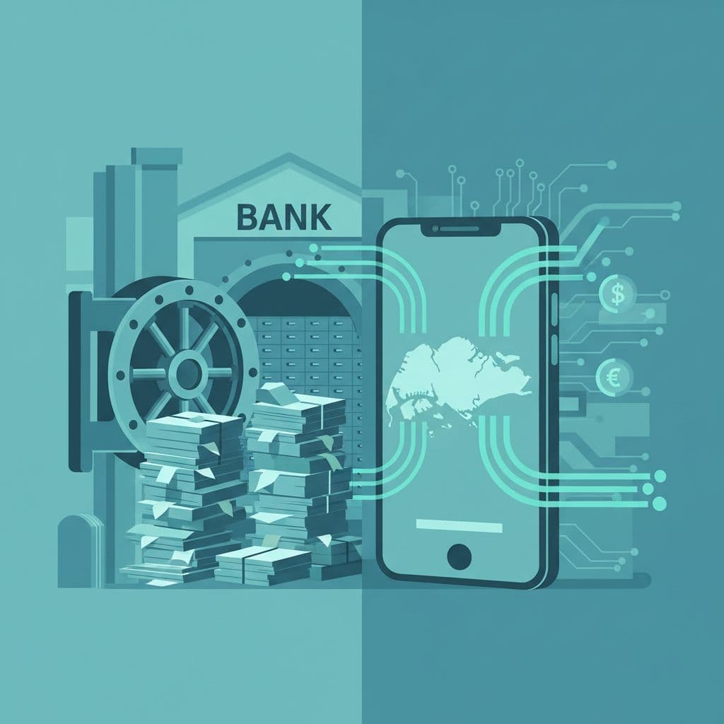 Modern split-composition illustration contrasts a traditional bank vault with paperwork stacks on the left against a digital Wise app on a phone with smooth flow lines to a Singapore map on the right, using clean shapes in a blue-green palette.