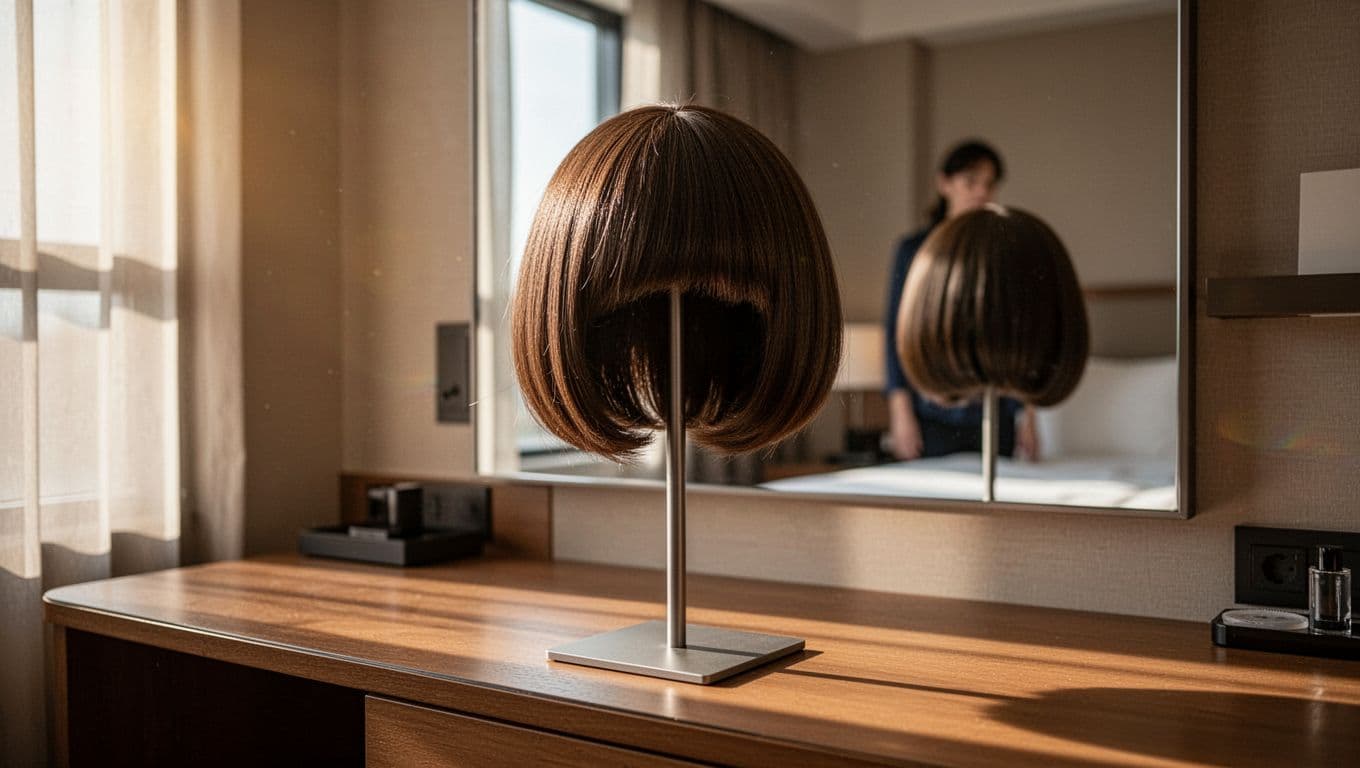 A short bob wig sits on a stand on a sunlit hotel vanity.