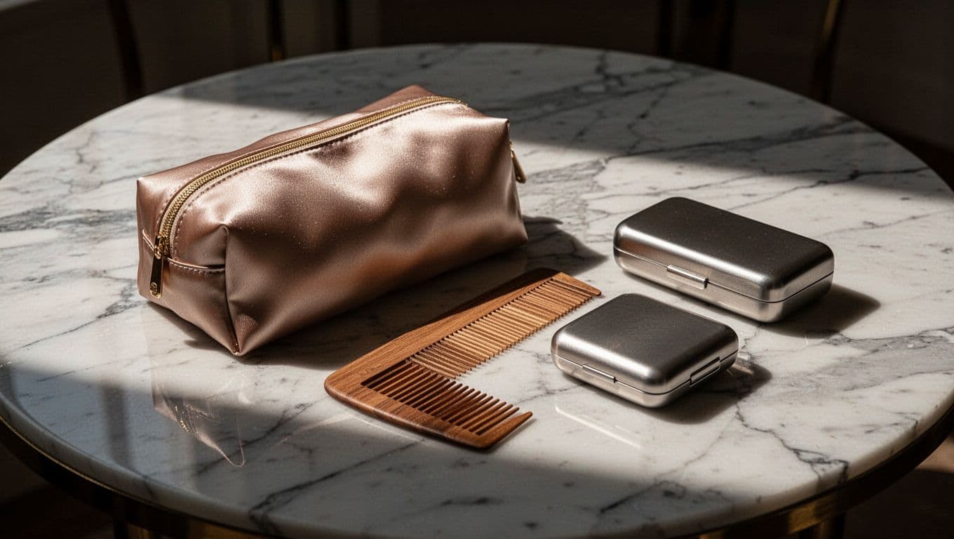 Satin pouch, wide-tooth comb, and travel case arranged on a marble table.