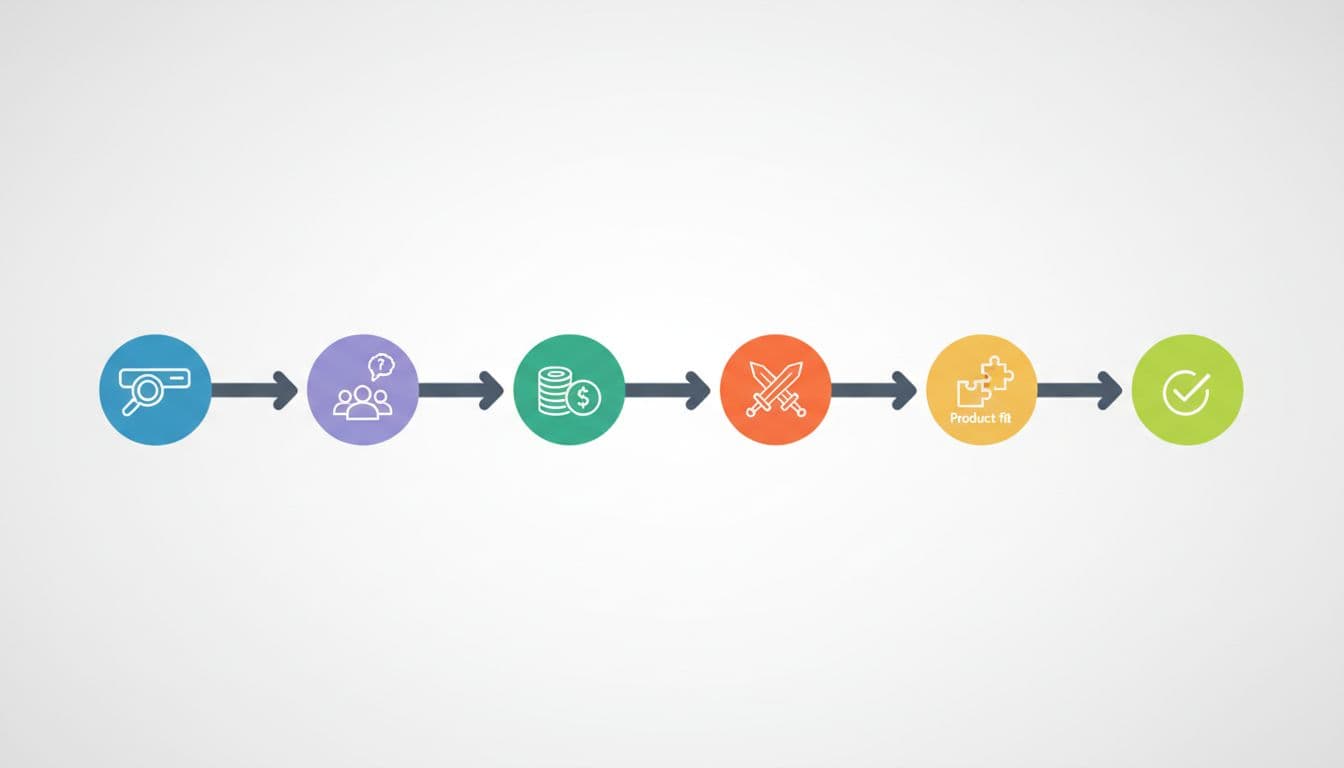 Modern illustration of a flowchart showing sequential steps to validate a trend idea, featuring six icons for search, audience pain points, money, competition, and product fit on a clean background.