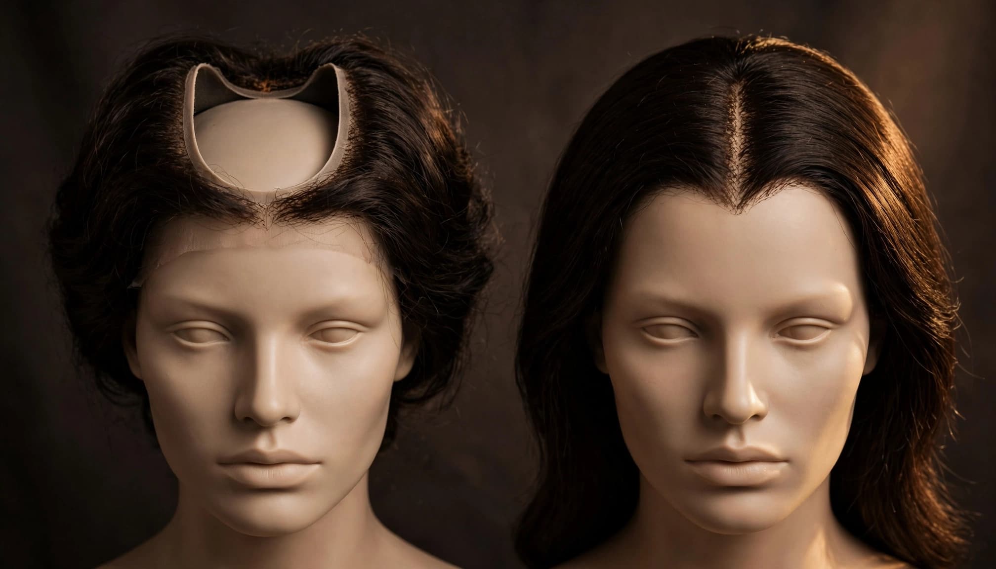 Two mannequin heads show wigs with wide U-shaped and narrow V-shaped crown openings.