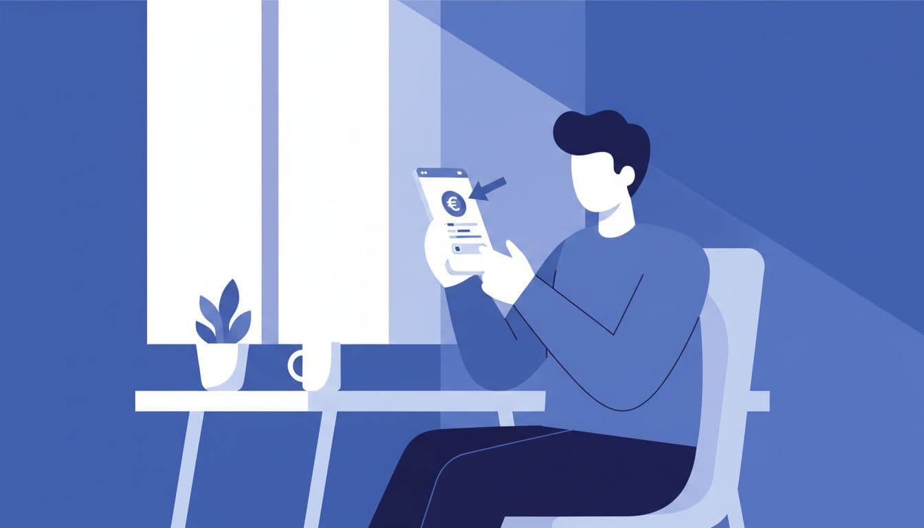 Modern illustration of a person sitting at a desk holding a smartphone, opening a banking app on the screen at an angle. Clean shapes in blues and whites, simple office with natural daylight.
