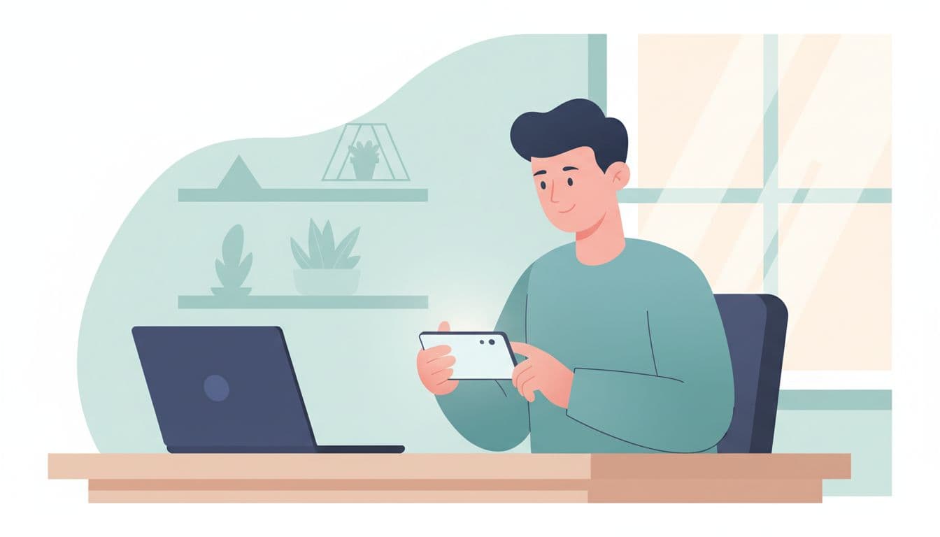 Modern illustration of a person at a home office desk, relaxedly updating credit card details on a phone app after a failed payment email, with a laptop nearby. Soft natural light, clean shapes in blues and greens, focused composition with no screen text, logos, or watermarks.