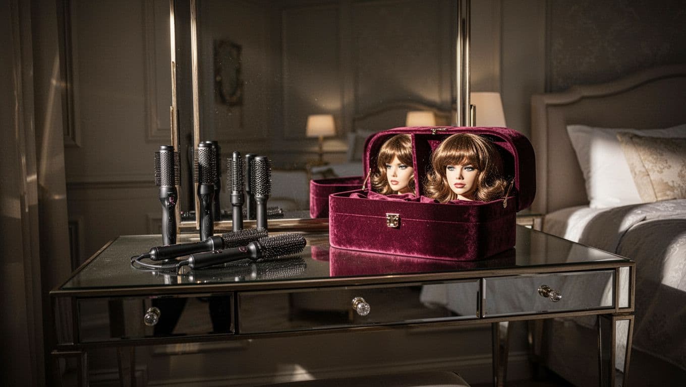 A vanity table with hair tools and a velvet wig box in a dramatic bedroom.