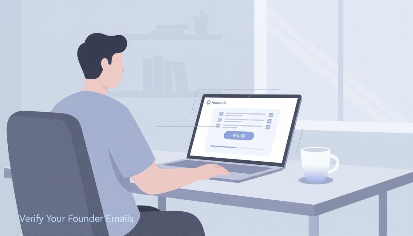 Modern illustration of a marketer verifying an email list using the Hunter.io verifier tool on a laptop screen, with a desk setup featuring a coffee mug nearby and results showing valid status.