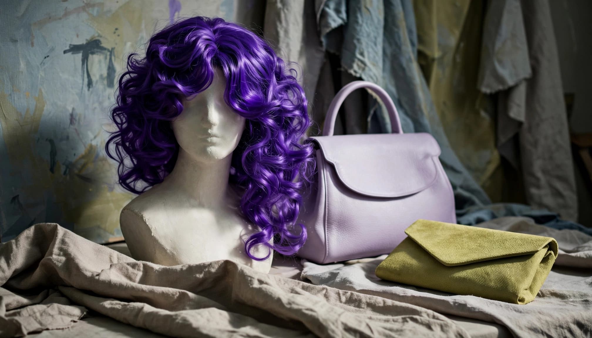 A violet wig on a mannequin beside a lavender handbag and chartreuse clutch.