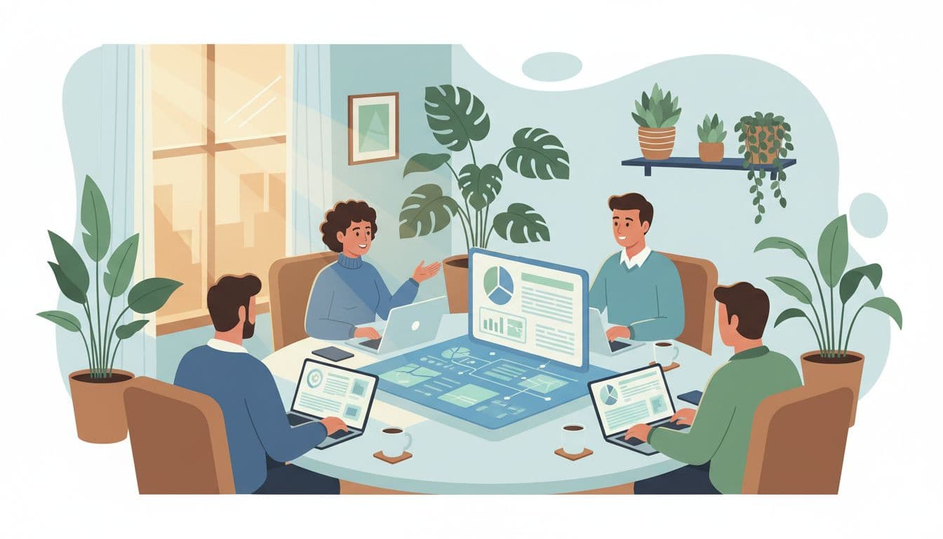 Modern illustration of exactly four professionals in a virtual meeting on laptops, discussing ideas around a shared screen with charts in a cozy office with plants and coffee mugs.