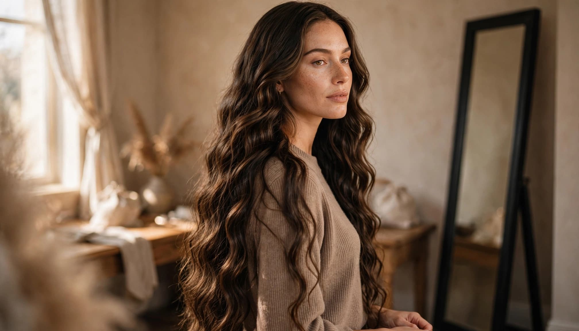 A woman with long wavy extensions stands beside a tall mirror.