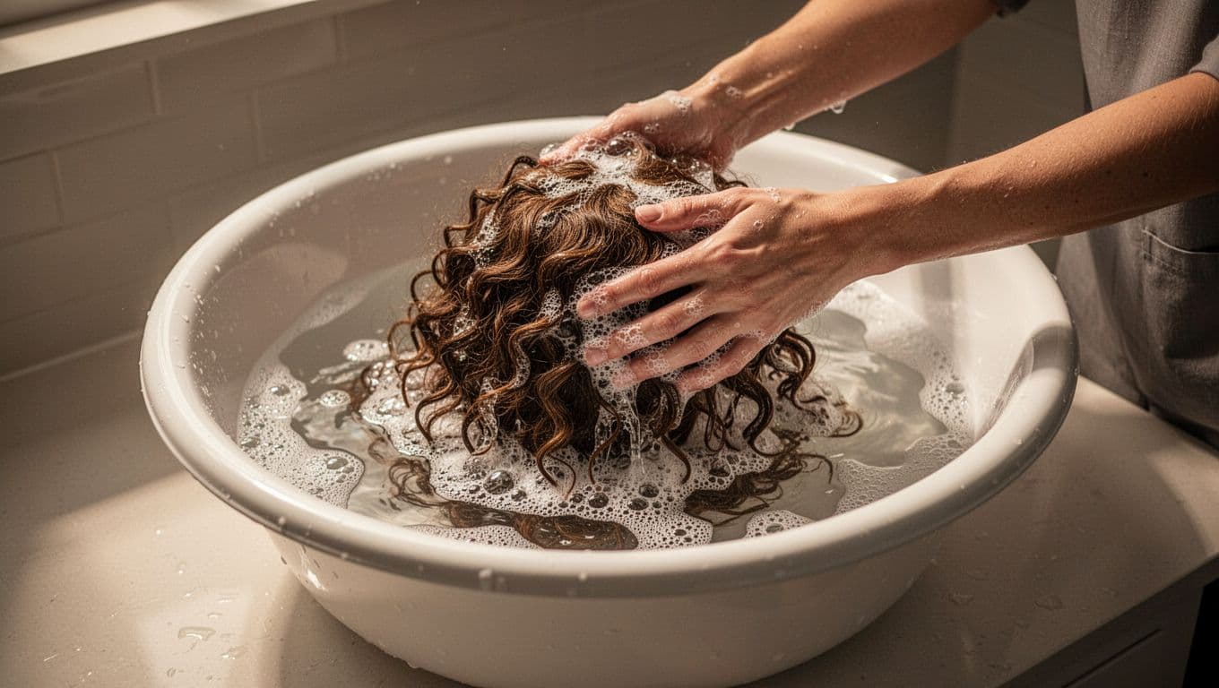 A person washes a curly wig in a white basin filled with warm soapy water.