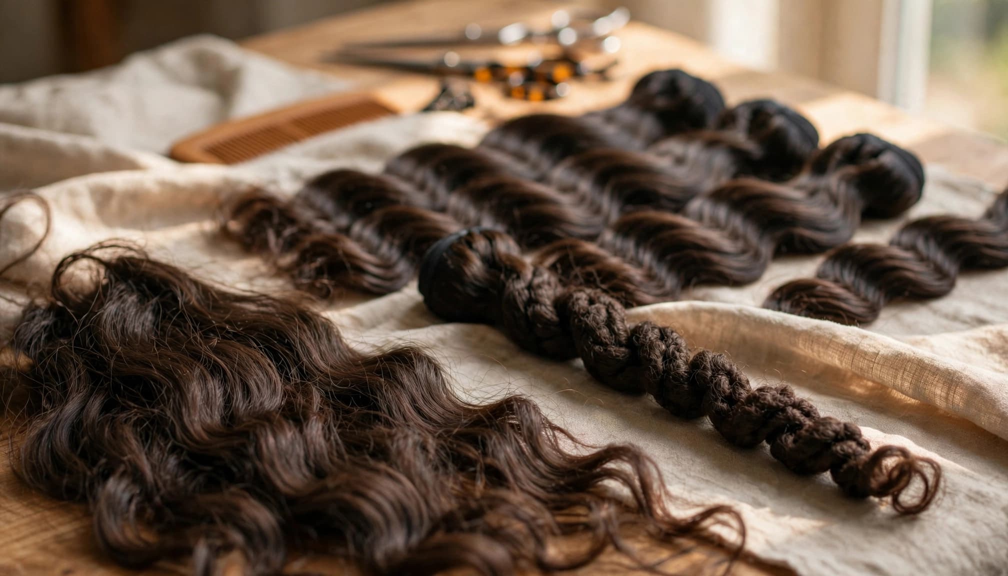 Brown synthetic hair bundles and a passion twist on fabric.
