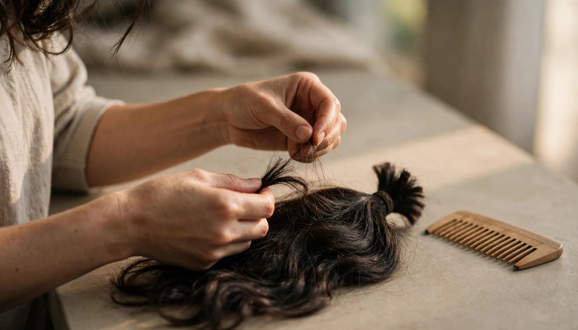 A woman gently checks a dark wavy hair bundle beside a wide-tooth comb.