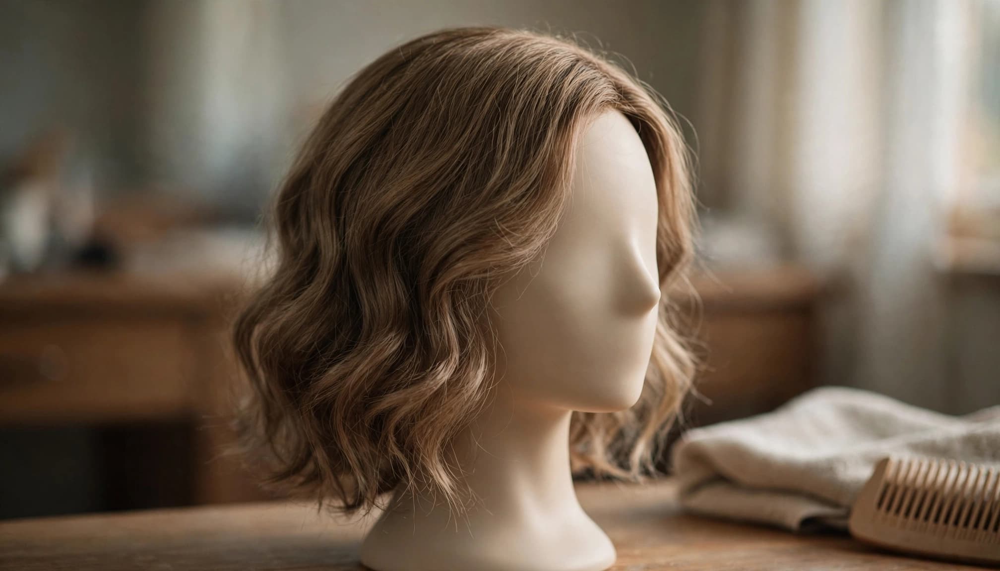 A mannequin head with soft wavy brown synthetic hair sits on a wooden surface.