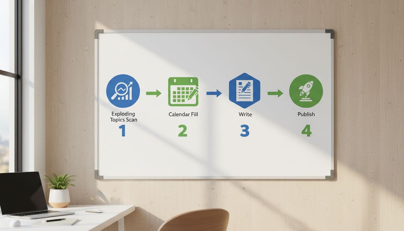 Step-by-step horizontal workflow diagram on a whiteboard in a home office, featuring icons for trend research with Exploding Topics, calendar filling, writing, and publishing, connected by arrows and numbered 1-4.