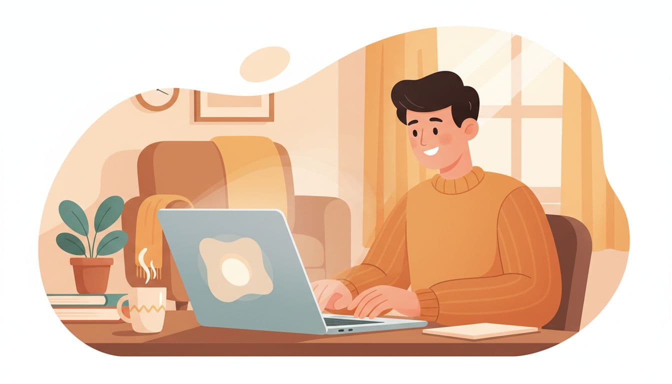 Modern illustration of an excited student opening a laptop displaying a welcome notification in a cozy home office setup with a coffee mug, using clean shapes and warm colors.