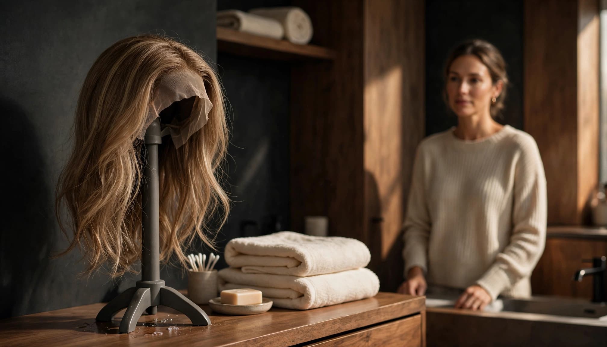 A woman stands beside a wig drying on a stand in a modern bathroom.