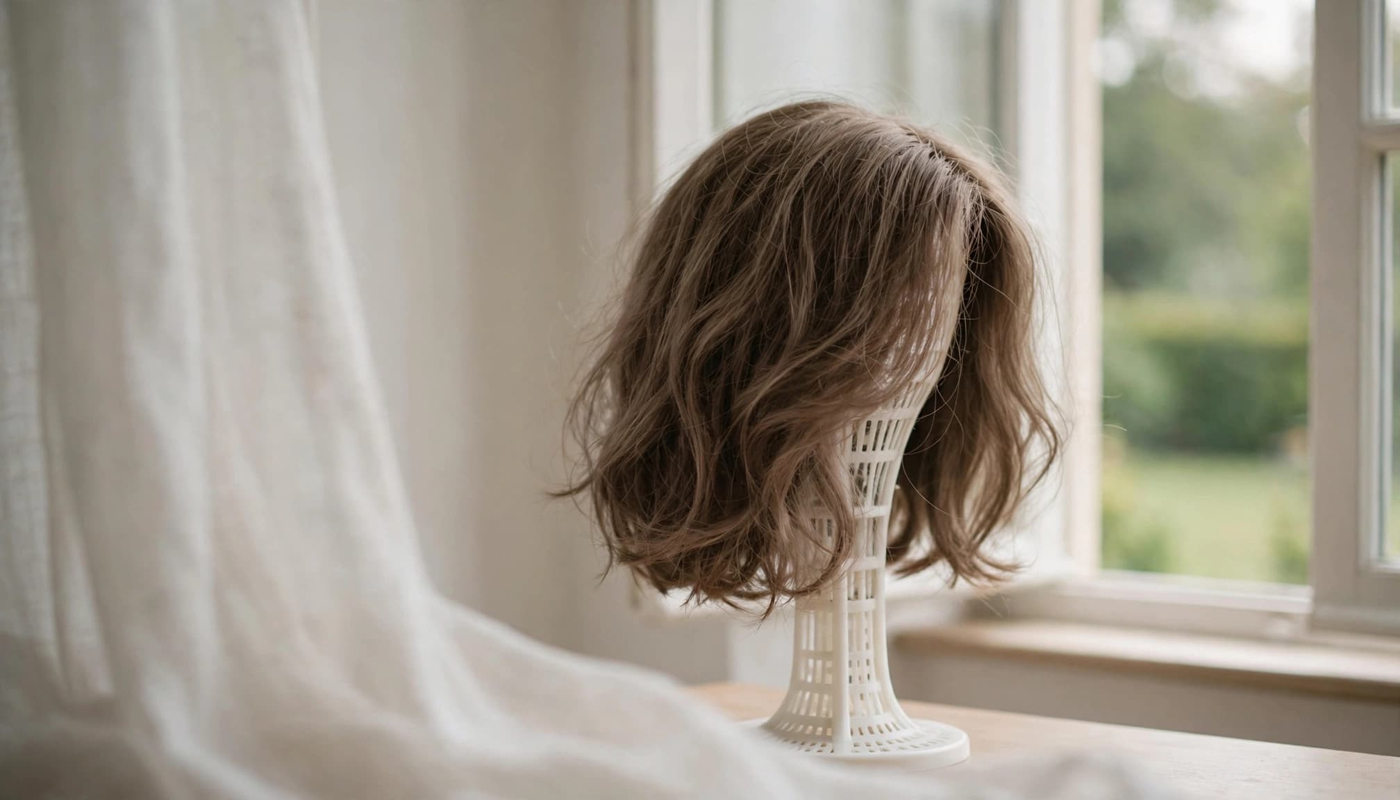 A shoulder-length brown wig on a white plastic wig stand near a window.