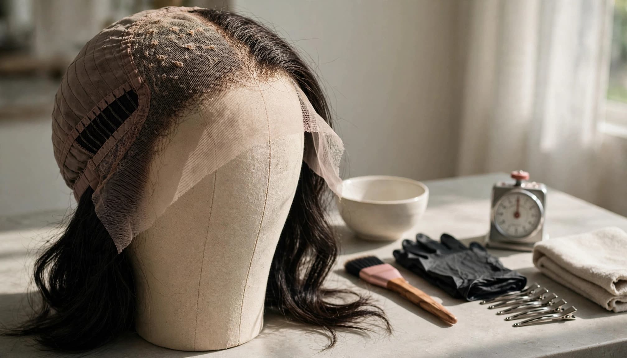 An inside-out wig on a mannequin with bleaching supplies arranged on the counter.