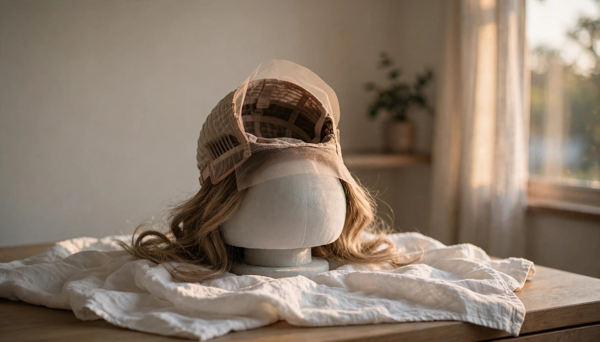 A wig dries cap-side up on a foam stand over a white towel.