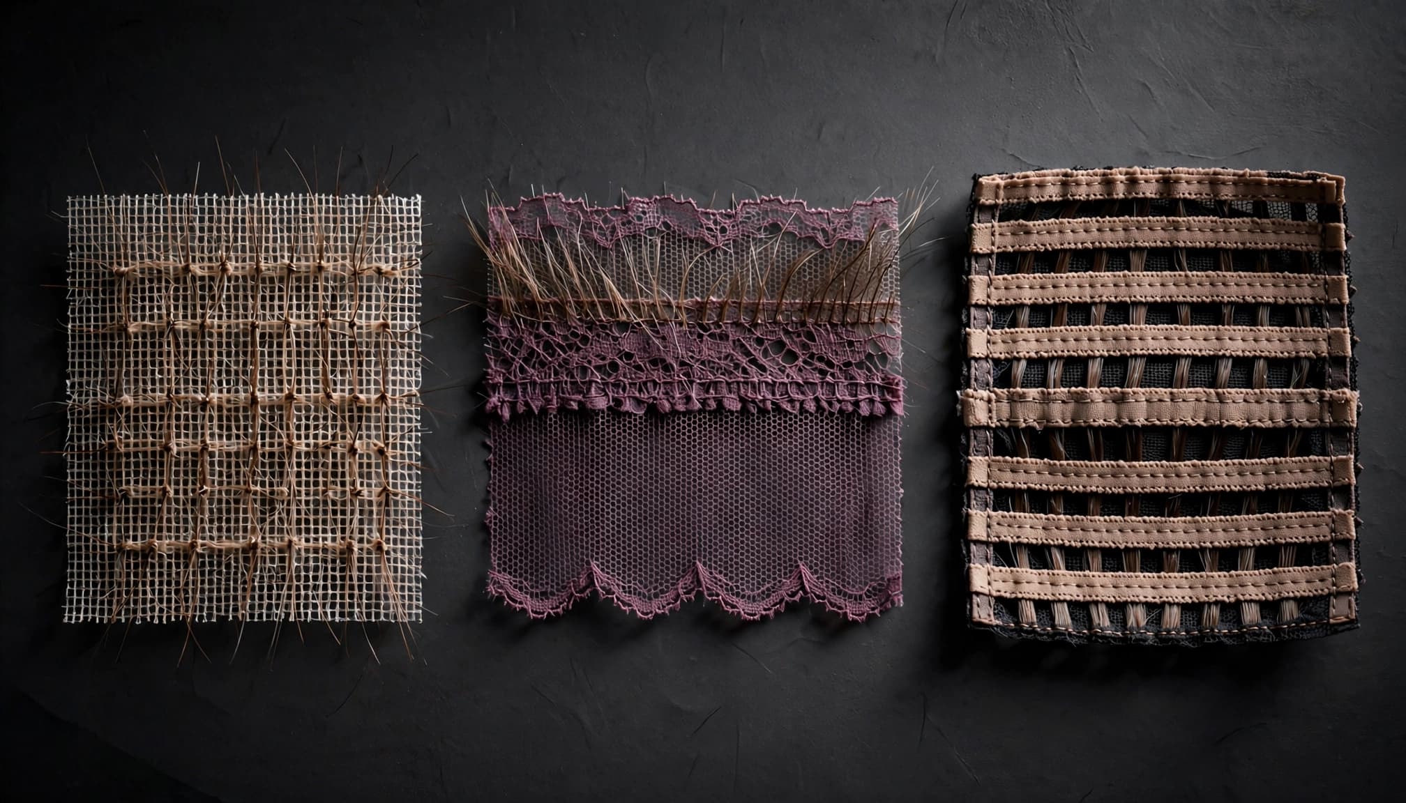 Three wig cap construction samples displayed separately on a dark studio surface.