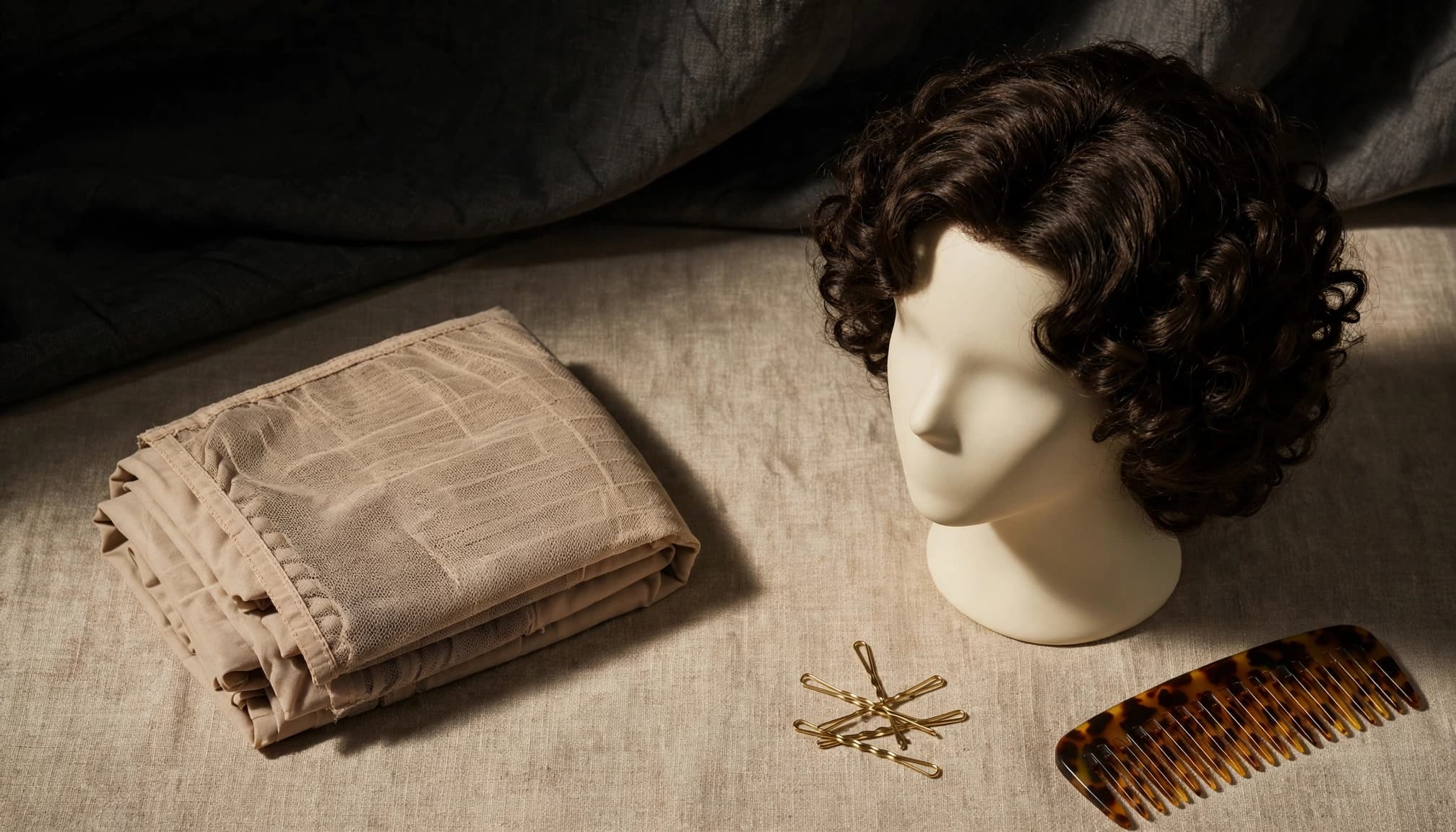 A wig cap beside a curly wig on a cream mannequin head with pins and a comb.