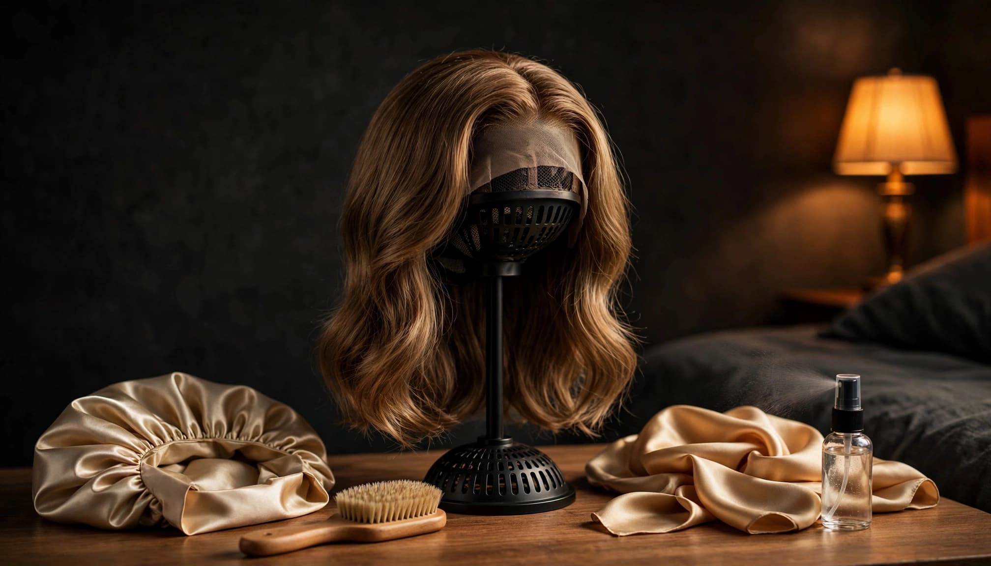 Human hair wig on a stand with satin accessories beside a bed.