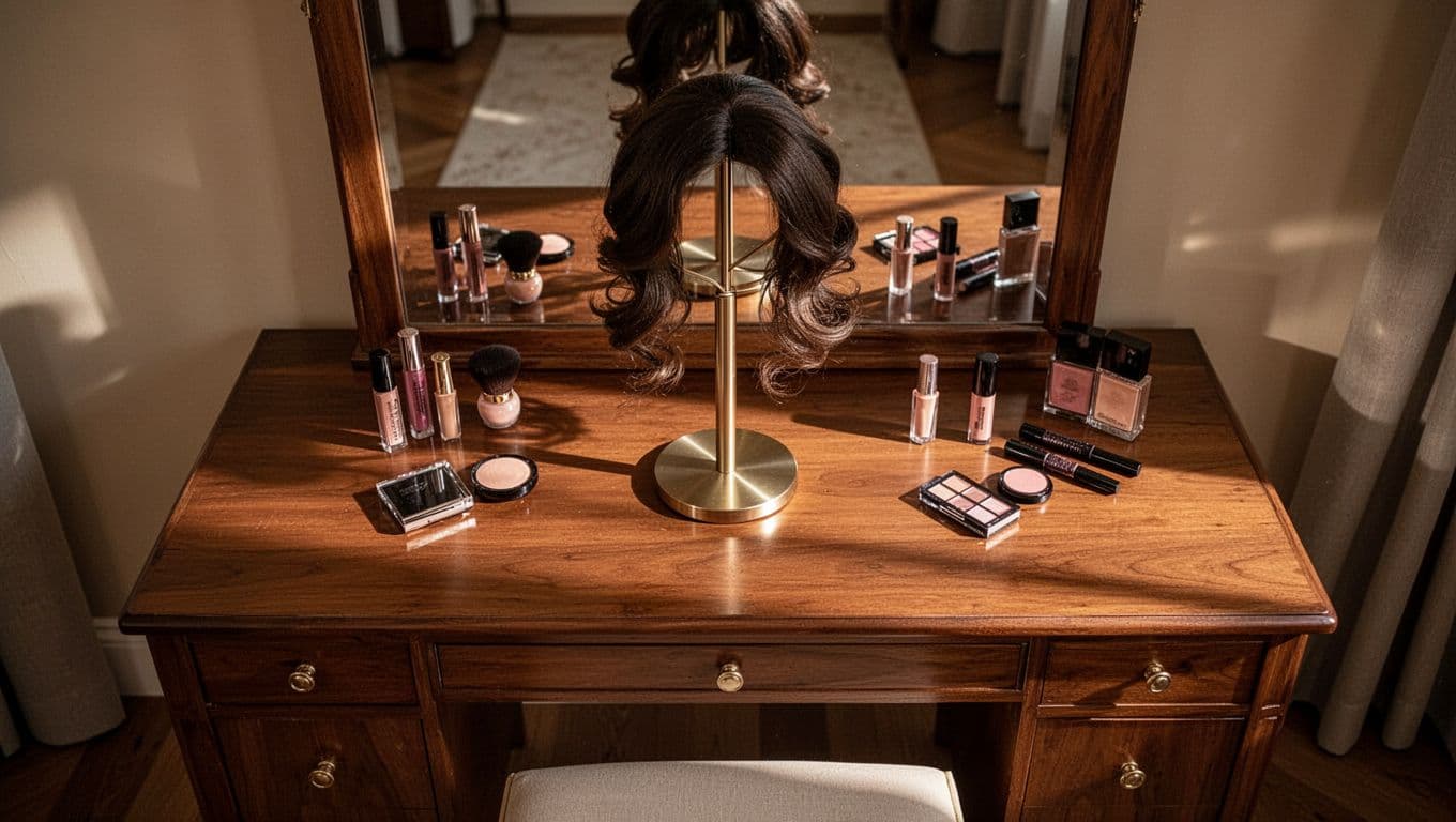 A wig on a stand sits beside beauty tools on a wooden dressing table.