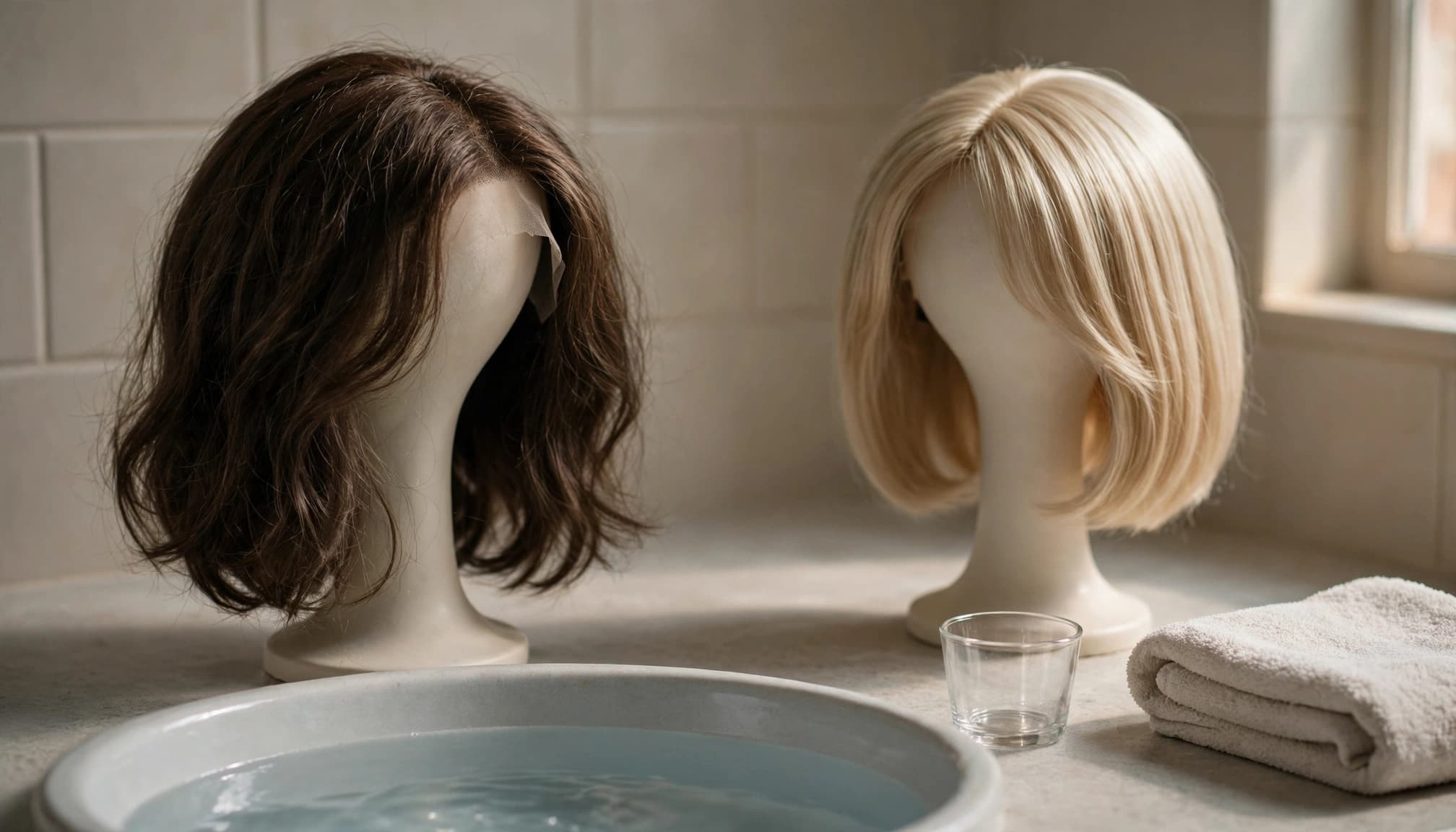 Two wigs on stands next to a basin of water, a glass cup, and a folded towel on a counter.