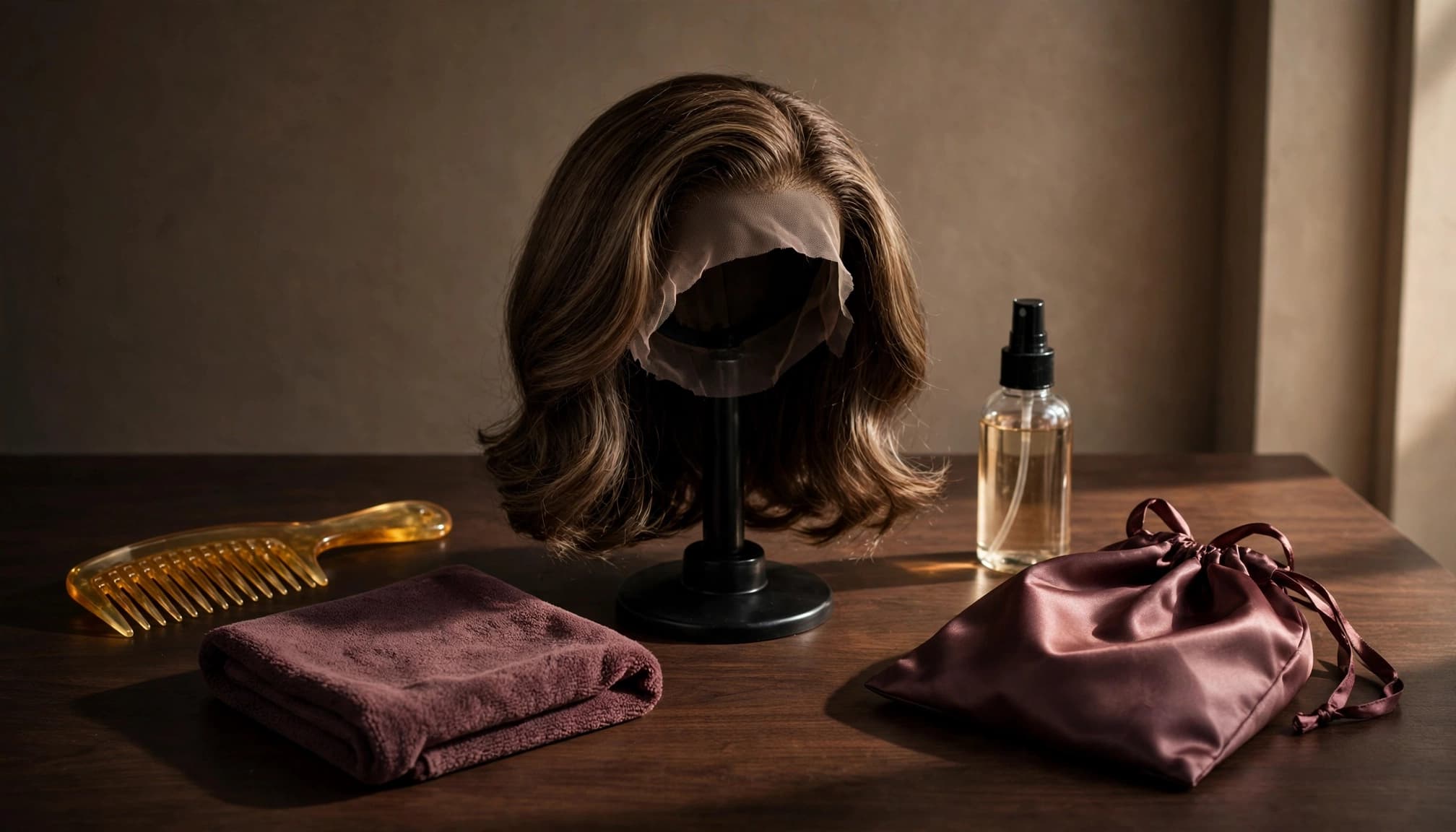 A lace-front wig on a stand with care tools arranged on a wooden table.