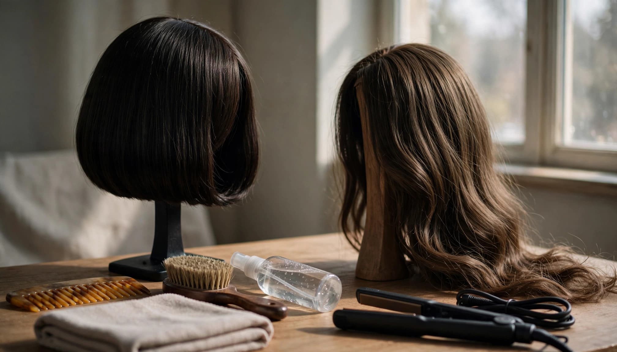 A short bob and long wig stand beside neatly arranged care tools and a folded towel.
