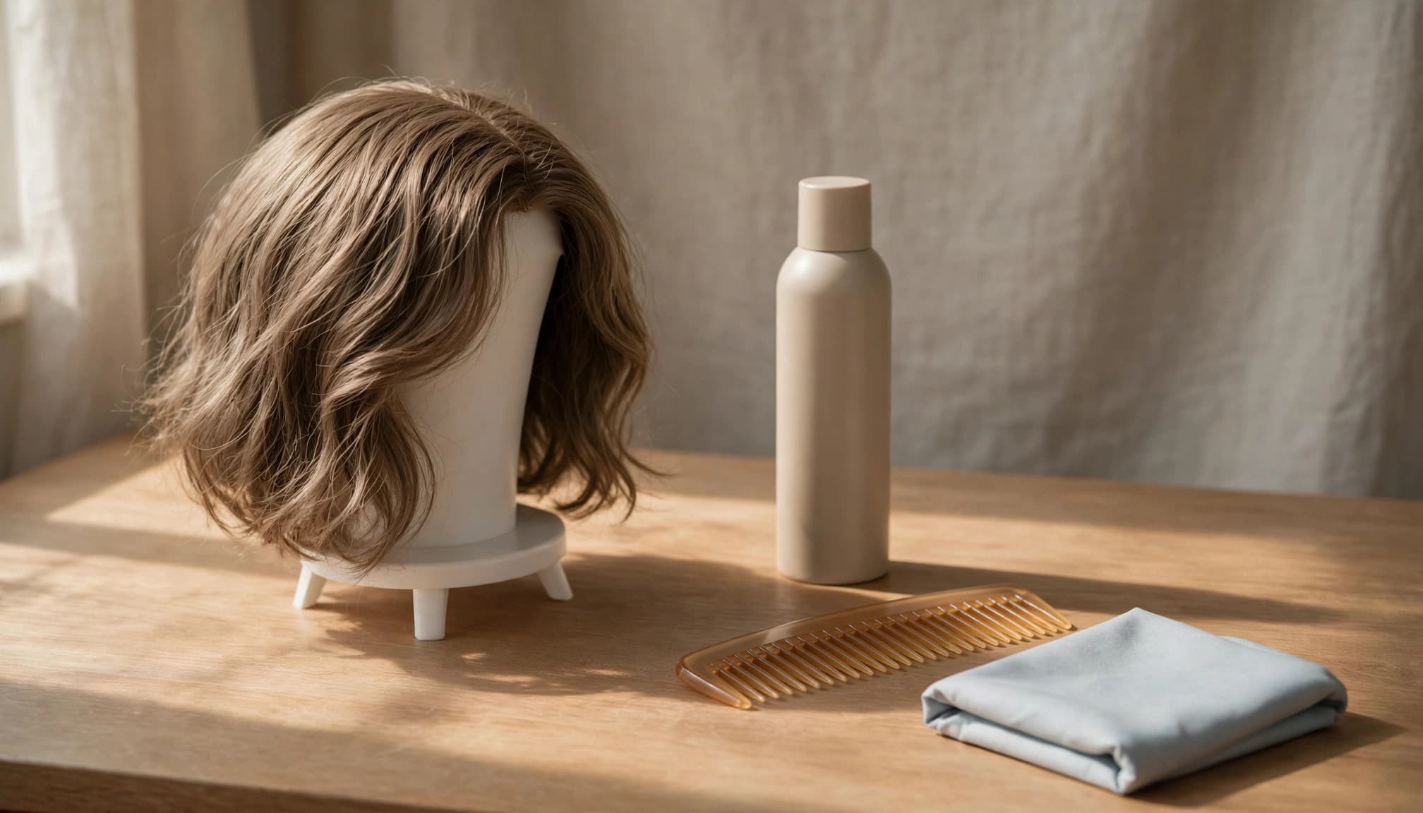 A synthetic wig on a stand, a bottle, a comb, and a folded cloth on a wooden table.