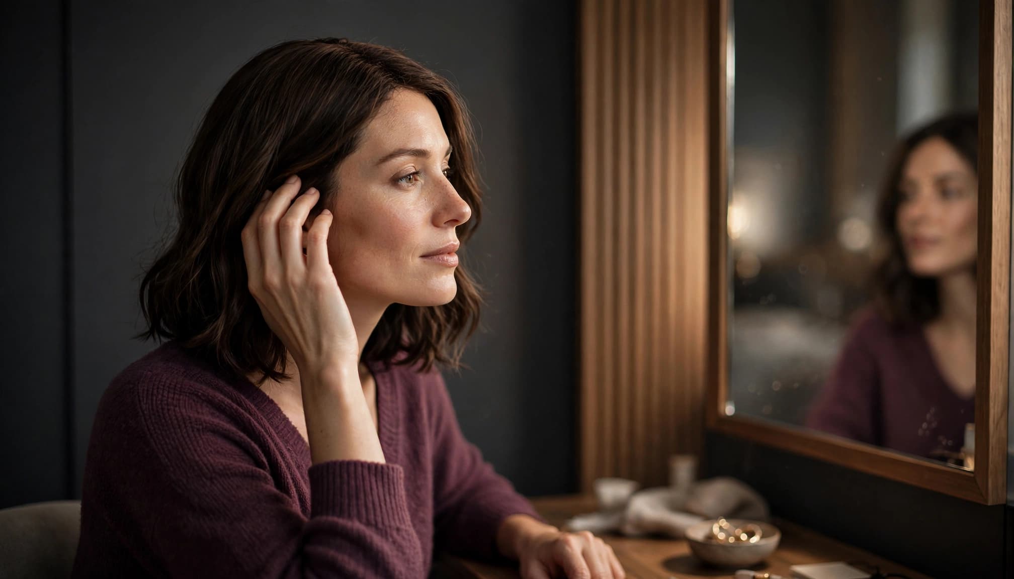 Woman gently checking her wig fit beside a bedroom mirror.