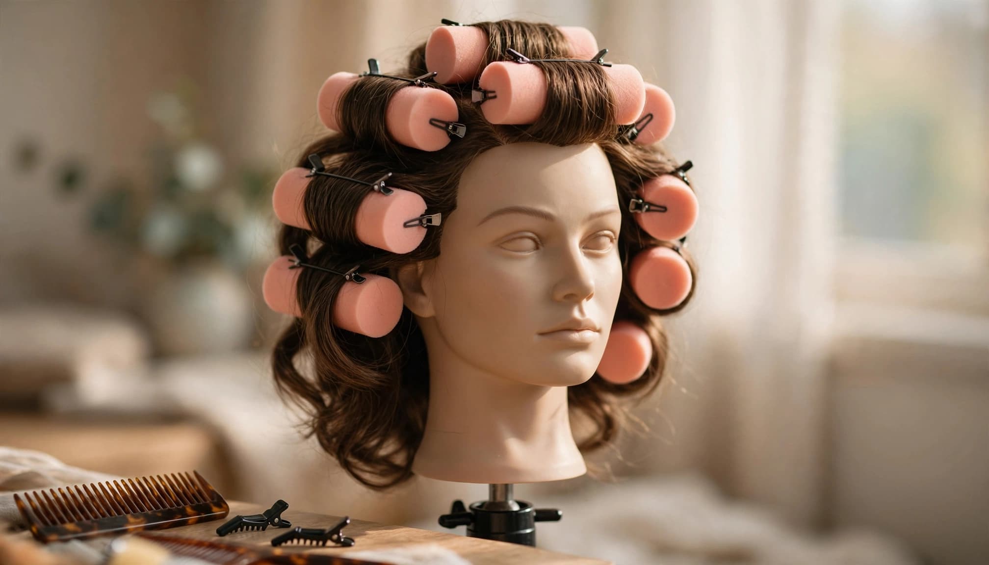 A wig on a mannequin head has large foam rollers, with a comb and clips nearby.