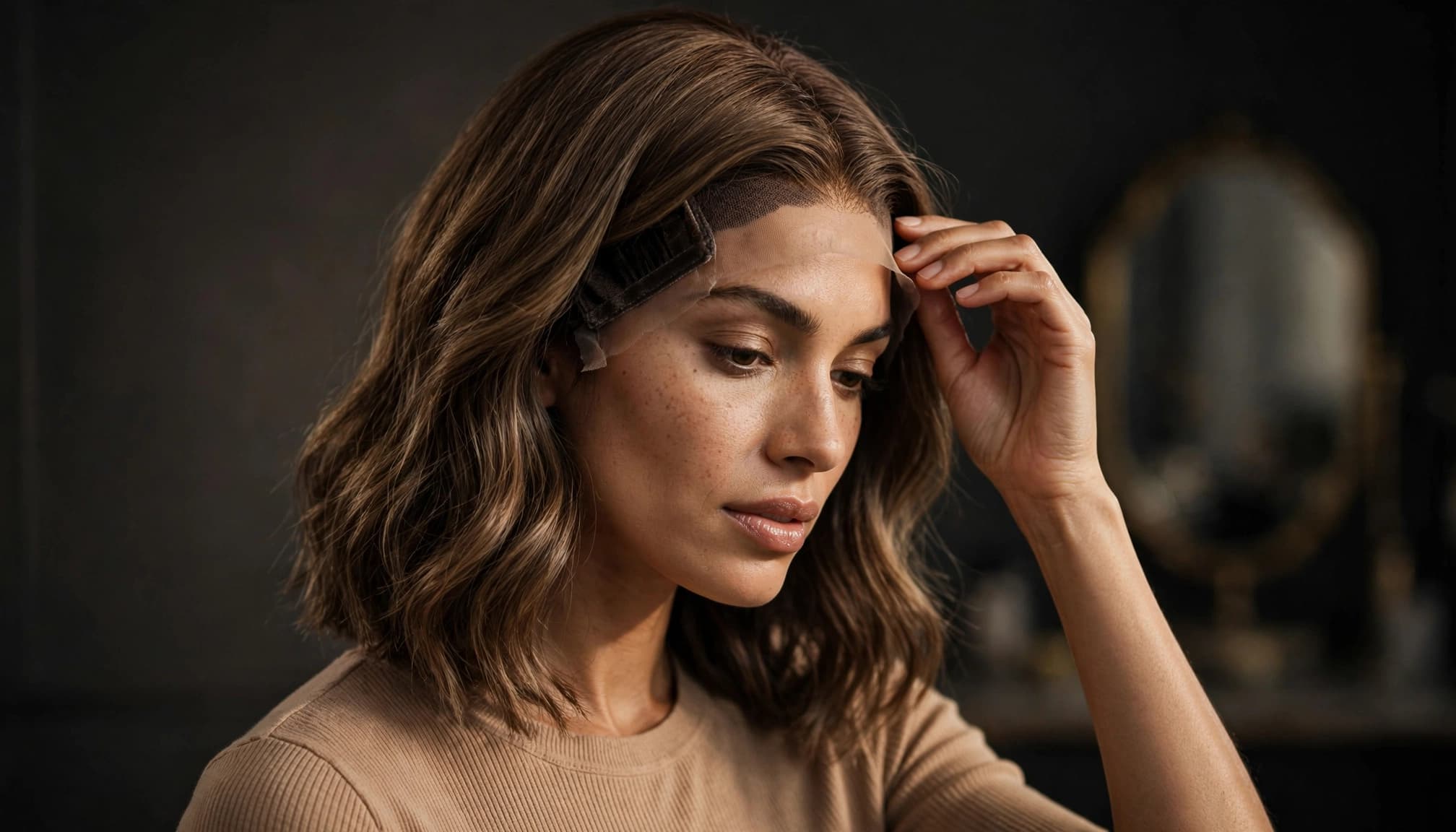 Adult adjusting a lace-front wig with a velvet grip visible beneath the hairline.