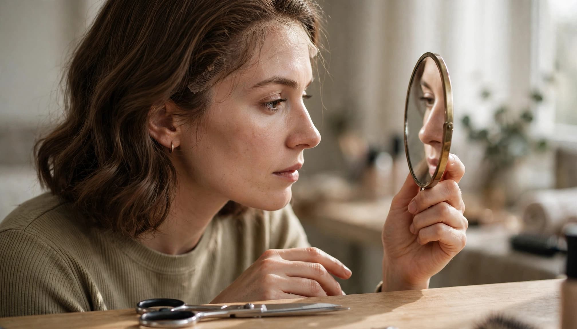 A woman checks her wig hairline in a mirror while scissors rest on the vanity.