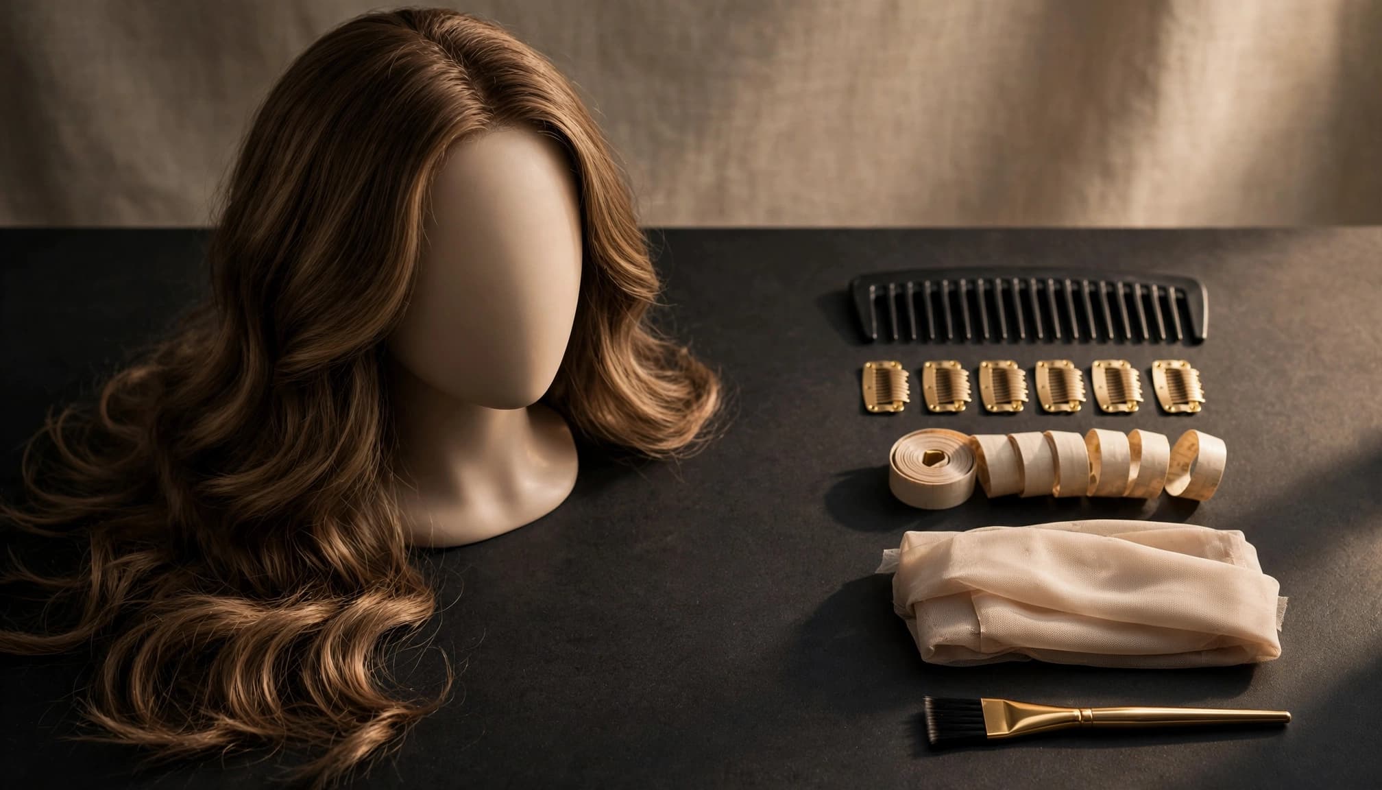 Long wavy wig on a mannequin with styling tools arranged beside it.