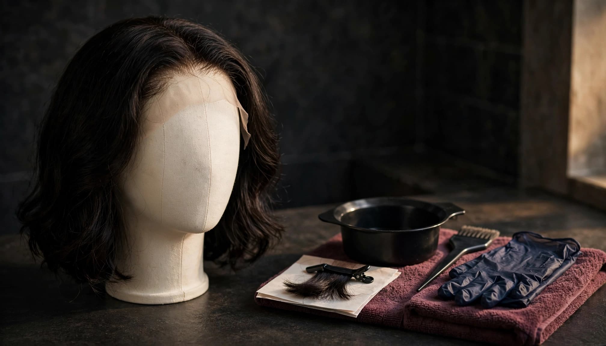 A dark wig and color-test swatch sit beside dyeing tools on a bathroom counter.