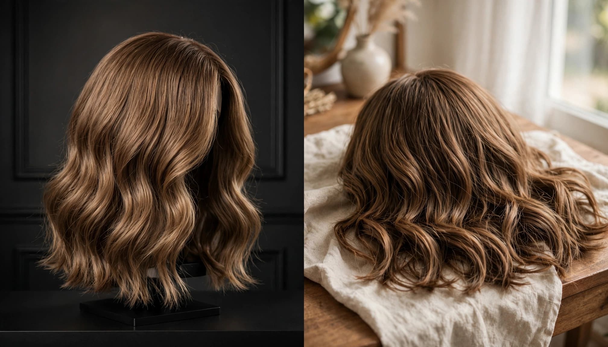 The same wavy shoulder-length wig appears in a salon and a bright bedroom.