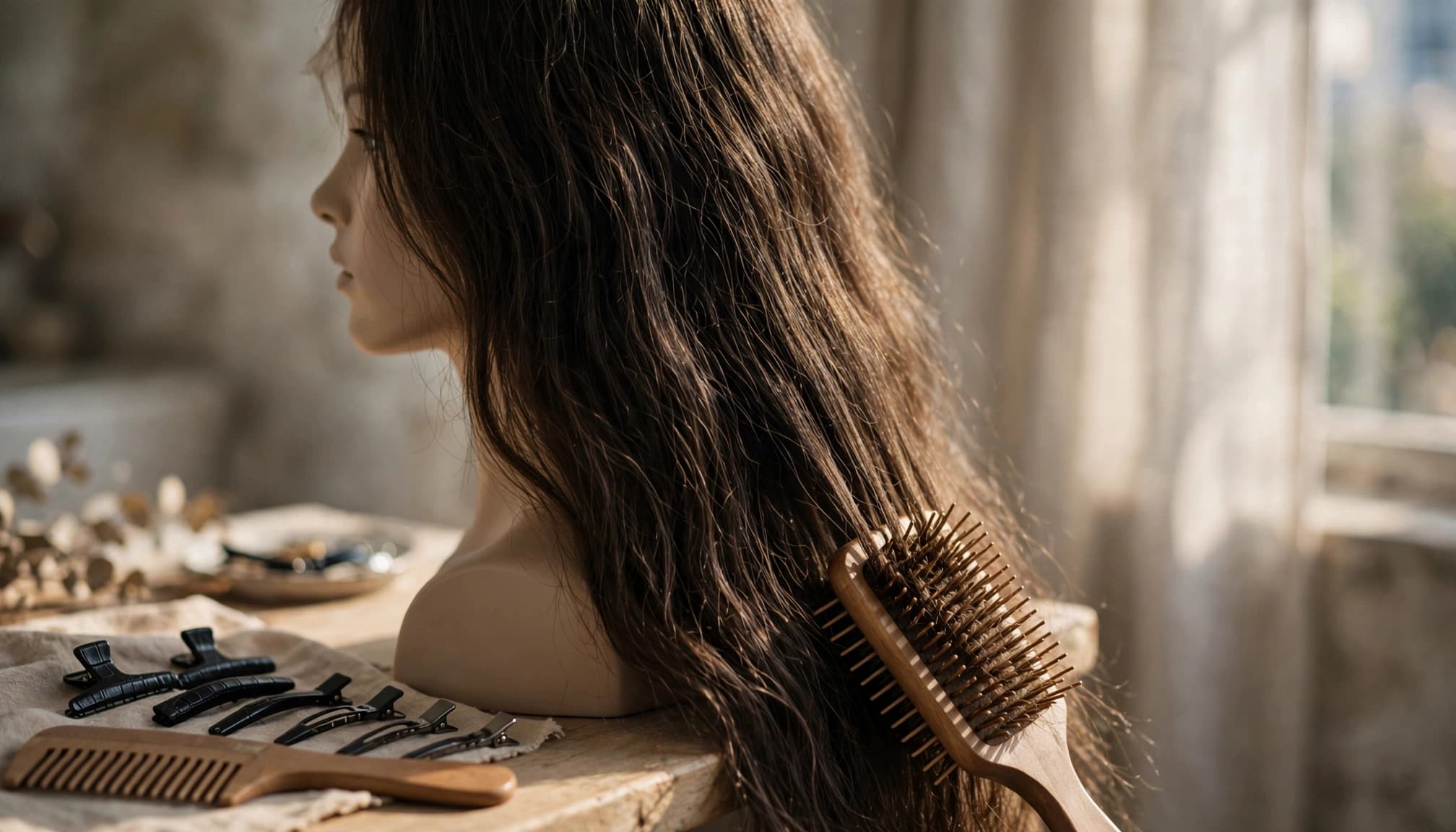 A brush rests against the lower lengths of a long wig on a mannequin head.