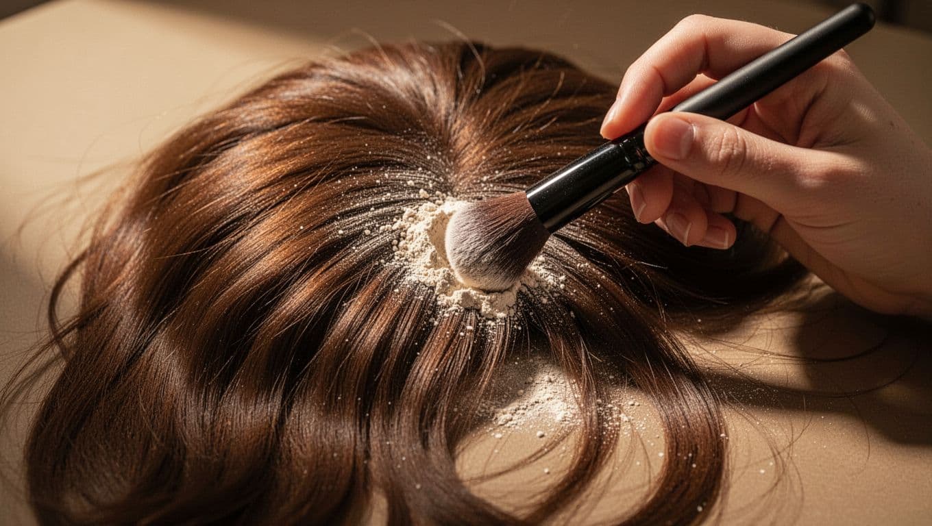 A makeup brush applies powder to the part of a brunette wig.
