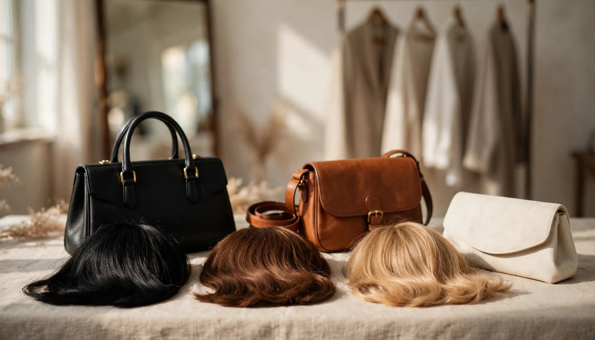 Three wig swatches sit beside black, cognac, and ivory handbags in a bright dressing room.